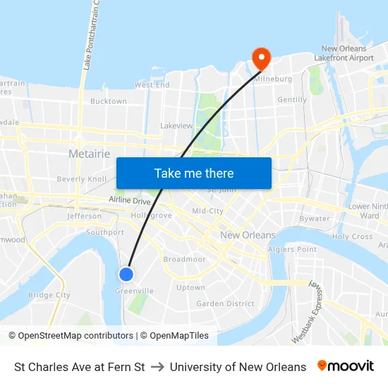 St Charles Ave at Fern St to University of New Orleans map