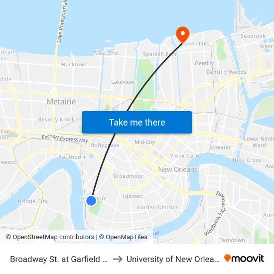 Broadway St. at Garfield St. to University of New Orleans map