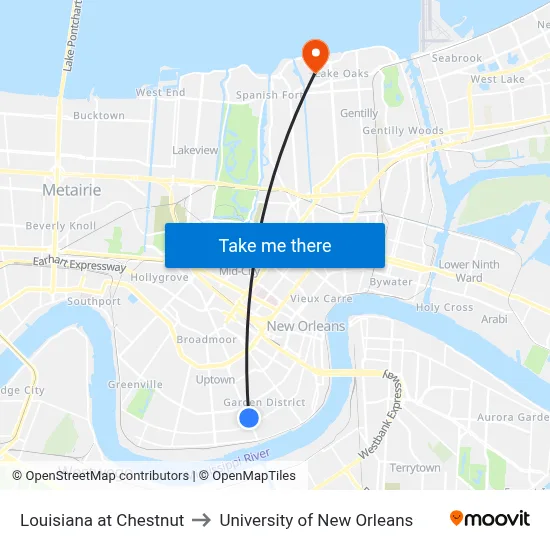 Louisiana at Chestnut to University of New Orleans map