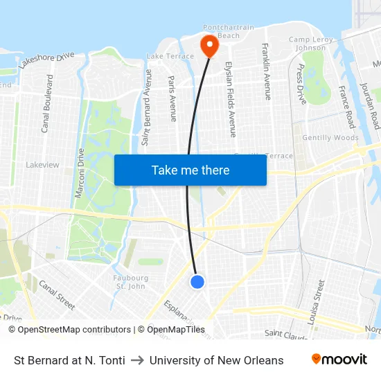 St Bernard at N. Tonti to University of New Orleans map