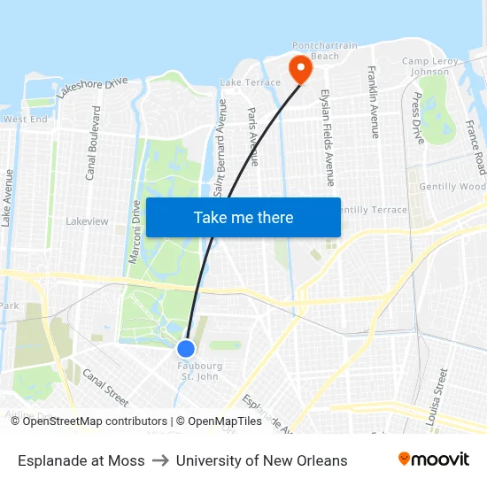 Esplanade at Moss to University of New Orleans map