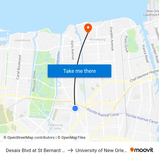 Desaix Blvd at St Bernard Ave to University of New Orleans map