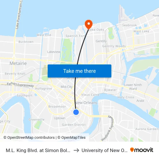 M.L. King Blvd. at Simon Bolivar Ave. to University of New Orleans map