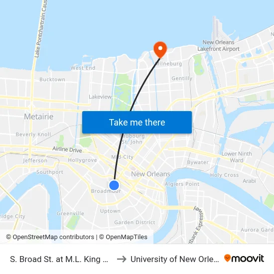 S. Broad St. at M.L. King Blvd. to University of New Orleans map