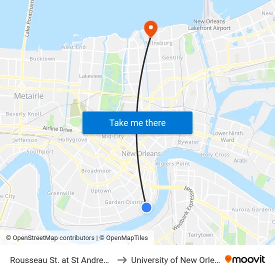 Rousseau St. at St Andrew St. to University of New Orleans map