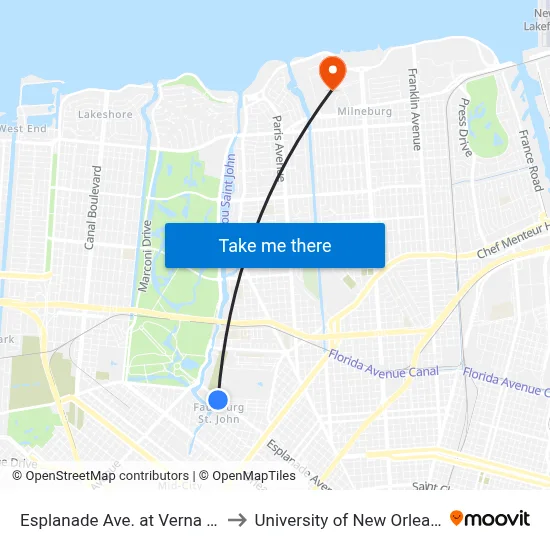 Esplanade Ave. at Verna St. to University of New Orleans map