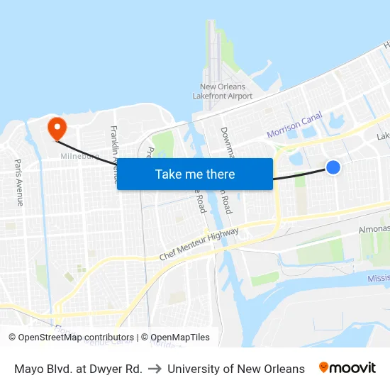 Mayo Blvd. at Dwyer Rd. to University of New Orleans map
