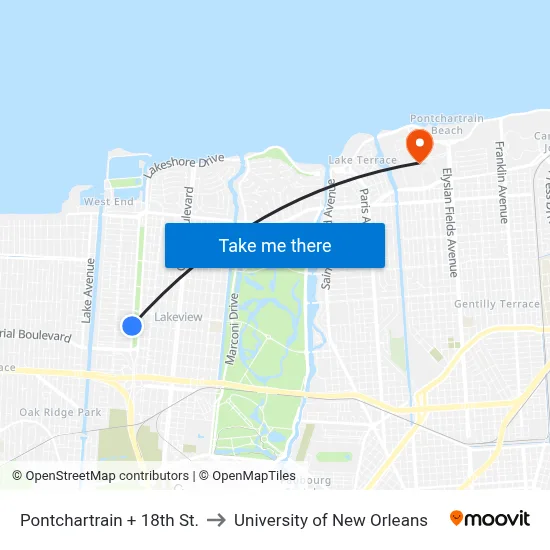 Pontchartrain + 18th St. to University of New Orleans map