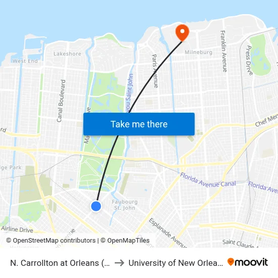 N. Carrollton at Orleans (In) to University of New Orleans map