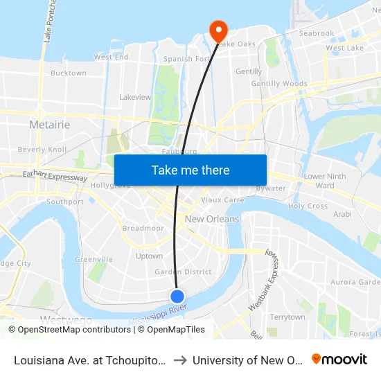 Louisiana Ave. at Tchoupitoulas St. to University of New Orleans map