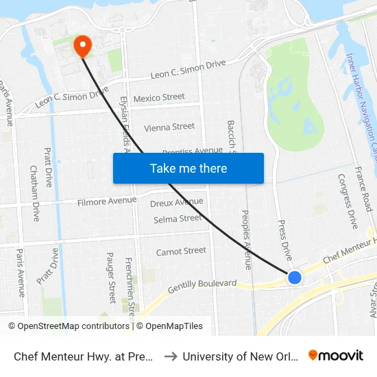 Chef Menteur Hwy. at Press Dr. to University of New Orleans map