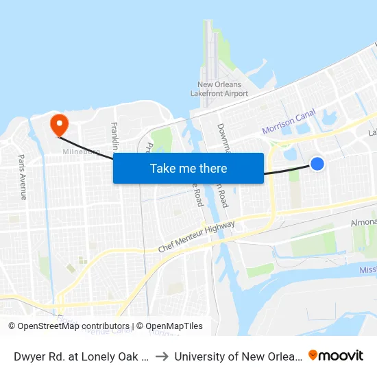 Dwyer Rd. at Lonely Oak Dr. to University of New Orleans map