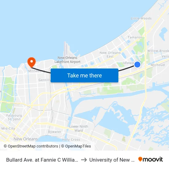 Bullard Ave. at Fannie C Williams School to University of New Orleans map
