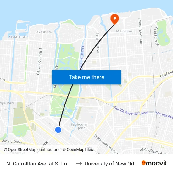 N. Carrollton Ave. at St Louis St. to University of New Orleans map