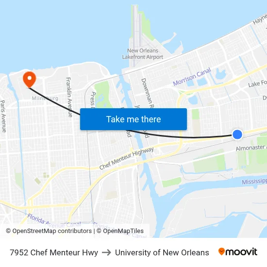 7952 Chef Menteur Hwy to University of New Orleans map