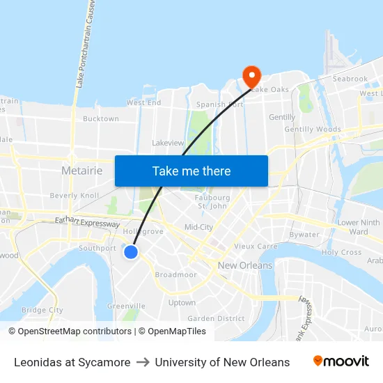 Leonidas at Sycamore to University of New Orleans map