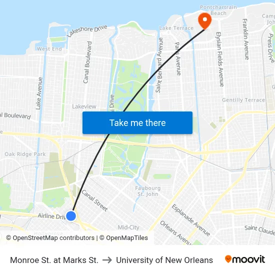 Monroe St. at Marks St. to University of New Orleans map