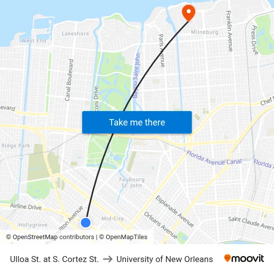Ulloa St. at S. Cortez St. to University of New Orleans map
