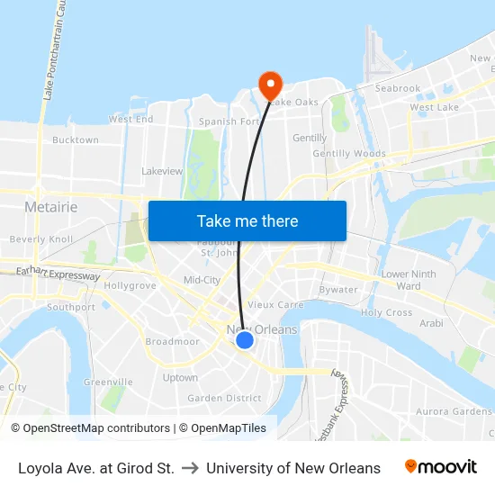 Loyola Ave. at Girod St. to University of New Orleans map