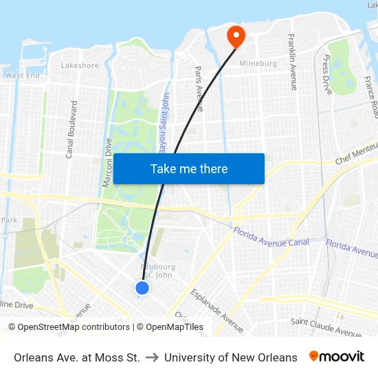 Orleans Ave. at Moss St. to University of New Orleans map