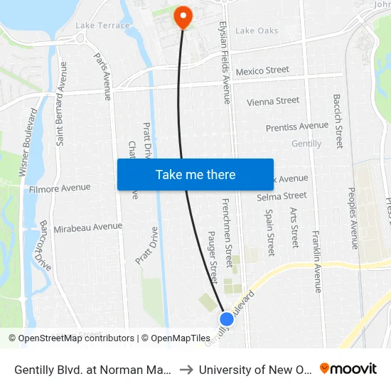 Gentilly Blvd. at Norman Mayer Ave. to University of New Orleans map