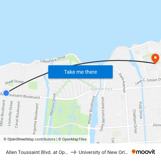 Allen Toussaint Blvd. at Opal St. to University of New Orleans map