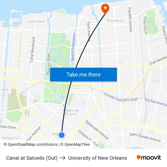 Canal at Salcedo (Out) to University of New Orleans map