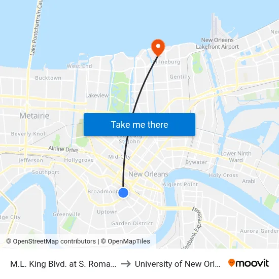 M.L. King Blvd. at S. Roman St. to University of New Orleans map