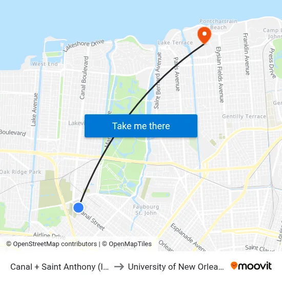 Canal + Saint Anthony (In) to University of New Orleans map