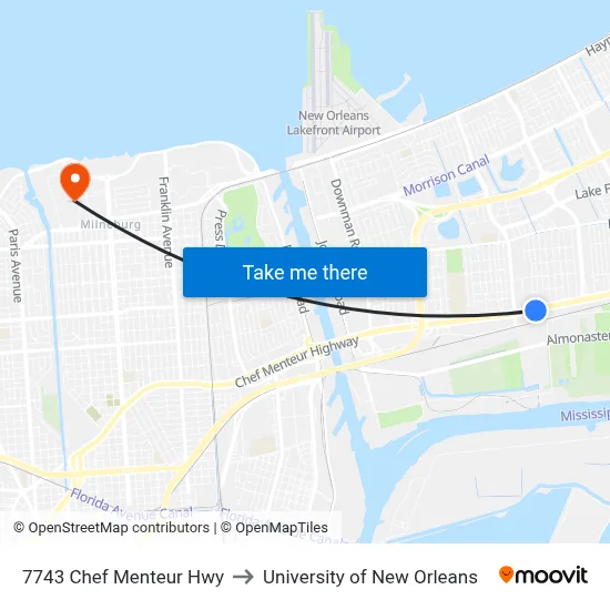 7743 Chef Menteur Hwy to University of New Orleans map