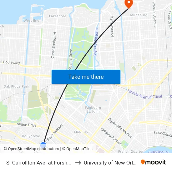 S. Carrollton Ave. at Forshey St. to University of New Orleans map