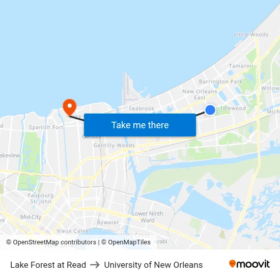 Lake Forest at Read to University of New Orleans map