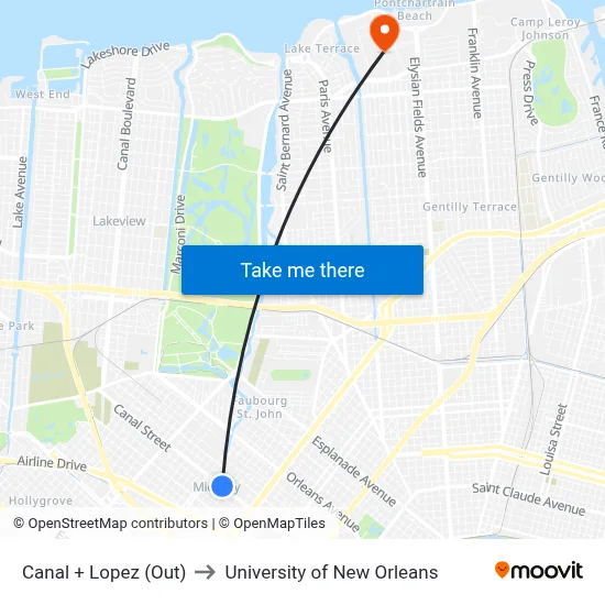Canal + Lopez (Out) to University of New Orleans map