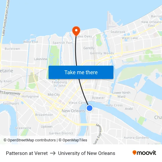 Patterson at Verret to University of New Orleans map