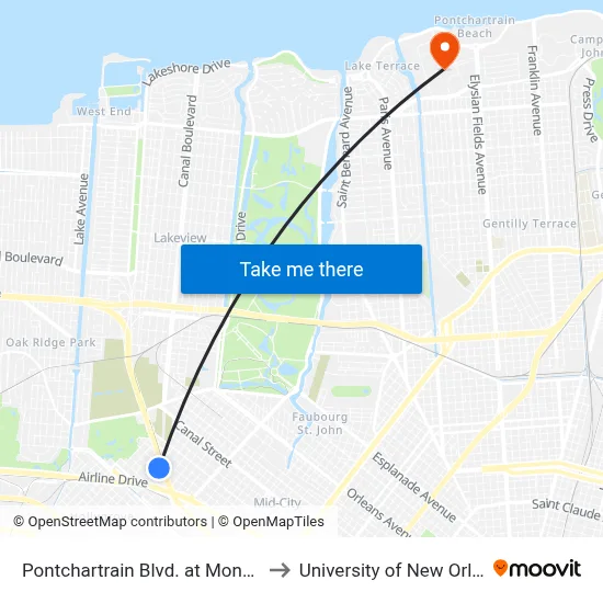 Pontchartrain Blvd. at Monroe St. to University of New Orleans map