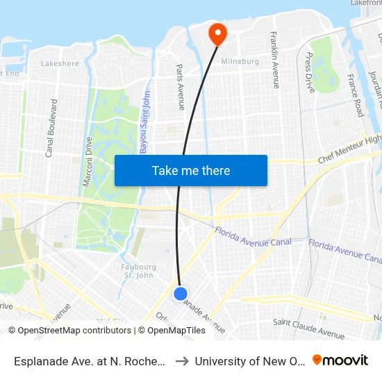 Esplanade Ave. at N. Rocheblave St. to University of New Orleans map