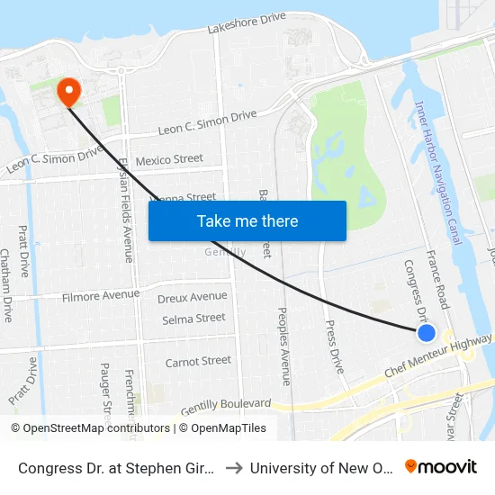 Congress Dr. at Stephen Girard Ave to University of New Orleans map
