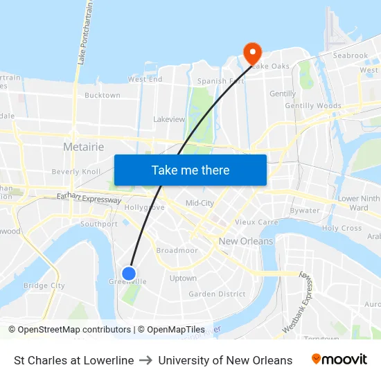 St Charles at Lowerline to University of New Orleans map
