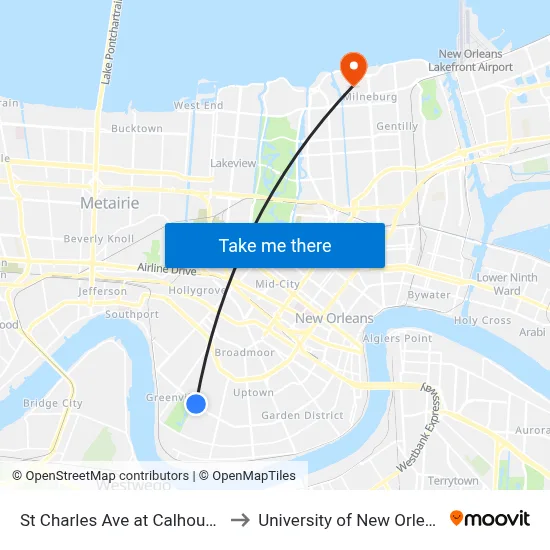 St Charles Ave at Calhoun St to University of New Orleans map