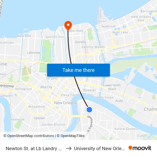 Newton St. at Lb Landry Ave. to University of New Orleans map
