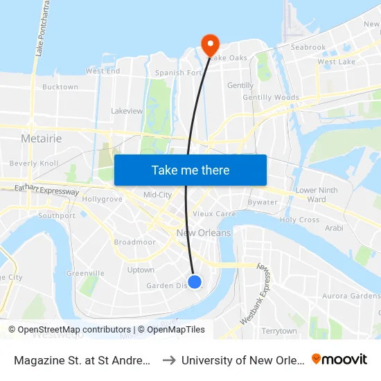 Magazine St. at St Andrew St. to University of New Orleans map
