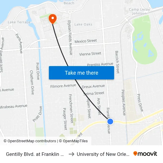 Gentilly Blvd. at Franklin Ave. to University of New Orleans map