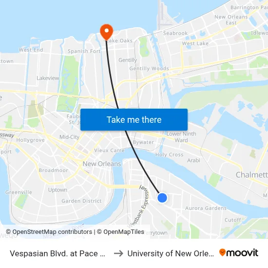Vespasian Blvd. at Pace Blvd. to University of New Orleans map
