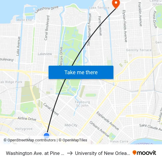 Washington Ave. at Pine St. to University of New Orleans map