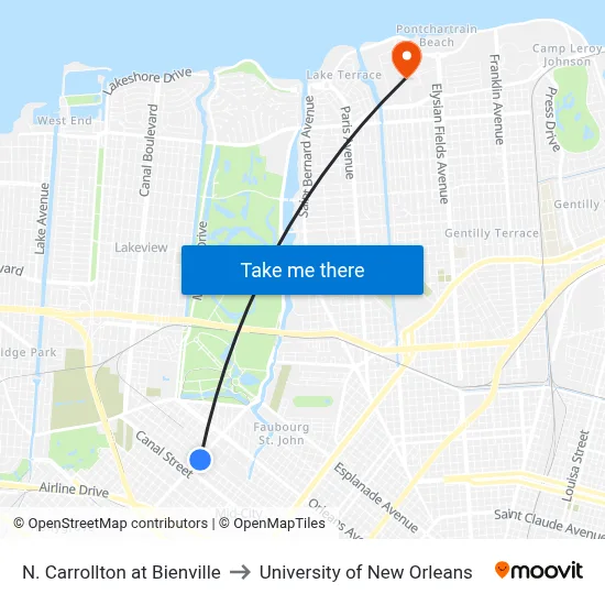 N. Carrollton at Bienville to University of New Orleans map