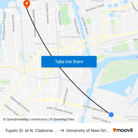 Tupelo St. at N. Claiborne Ave. to University of New Orleans map