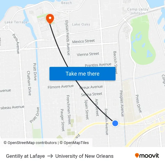 Gentilly at Lafaye to University of New Orleans map
