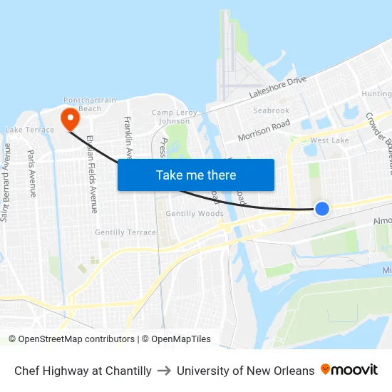 Chef Highway at Chantilly to University of New Orleans map