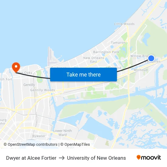 Dwyer at Alcee Fortier to University of New Orleans map