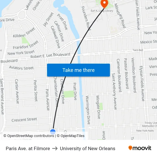 Paris Ave. at Filmore to University of New Orleans map